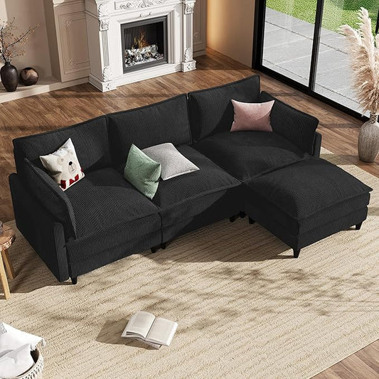 Apicizon 108 Cloud Couch Sectional L Shaped Cloud Sofa with Side Storage Pocket Modern Corduroy Sofa Set for Living Room Office Black