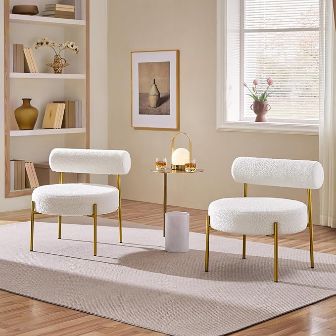 Topeakmart Modern Vanity Chair Boucle Fabric Accent Chair with Gold Metal Legs for Living Room Makeup Room 2 PCS White