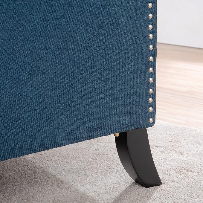 Mid Century Wingback Recliner Fabric Push Back Recliner Chair Single Rolled Armchair Sofa with Rivet Decoration Accent Chairs with Stable Hump Feet for Living Room (Blue)