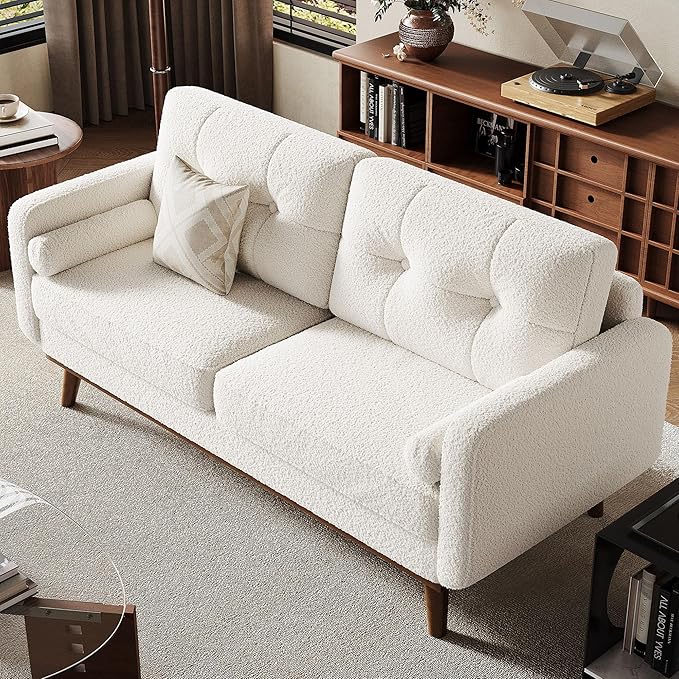 Garvee 65 Mid Century Modern Loveseat Sofa for Small Spaces 2 Seater Boucle Upholstered Couch with Button Tufted Design &amp Wood Legs Small Couch for Living Room Bedroom Office Apartment Beig