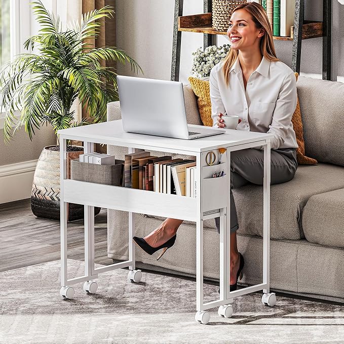 HOMCOM Small Folding Desk Rolling Computer Desk Foldable with Storage Bag and Shelf 31.5 Portable Writing Table on Wheels for Small Spaces Home Office Study Easy Assembly White