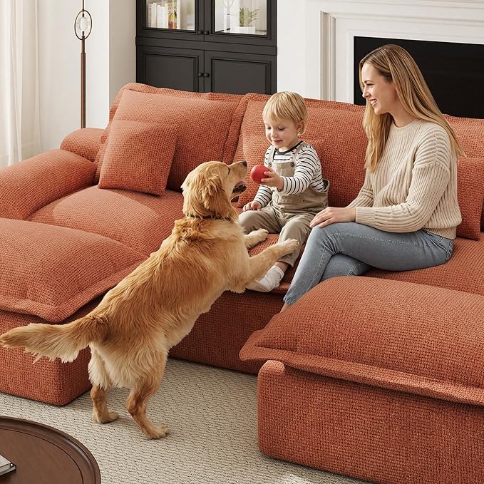Modular Sectional Sofa 107'' Boneless Couches for Living Room 5-Seat Sofa with 2 Ottomans Cloud U Shaped Couch No Assembly Required Chenille Mahogany