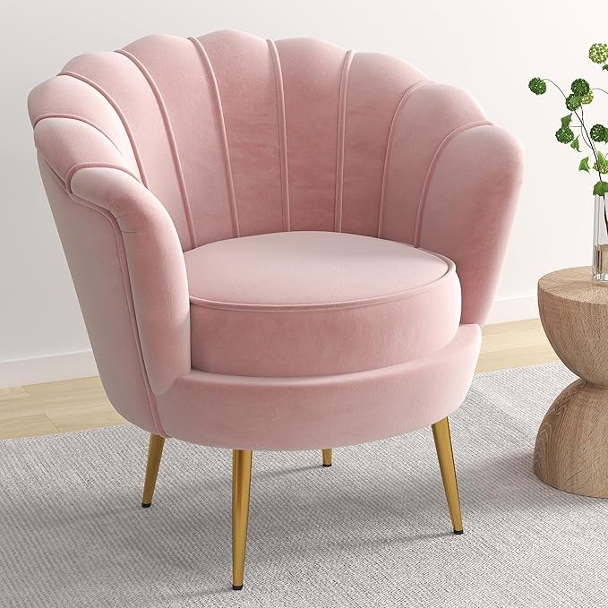 DAGONHIL Mid Century Modern Upholstered Accent ChairPetal Vanity ChairRetro Leisure Velvet Single Sofa with Golden Metal Legs for Living Room/Bedroom(Light Pink)