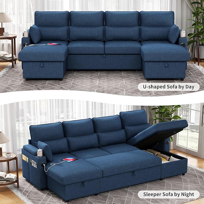 Sectional Sleeper Sofa with Pull Out Couch Bed with Storage Chaise for Living Room Comfy Linen Modular Sectional Sofa with Dual USB &amp Type-C Cup Holders (Blue 105 Inches)