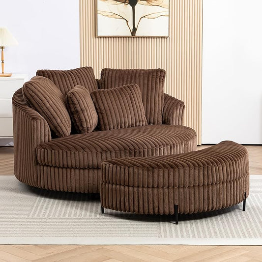 Chifee &amp Vingol 59.8 W Oversized Accent Round Chair Large Barrel Chair with Ottoman &amp Movable Wheels &amp 5 Pillows Faux Fur Fabric - Brown