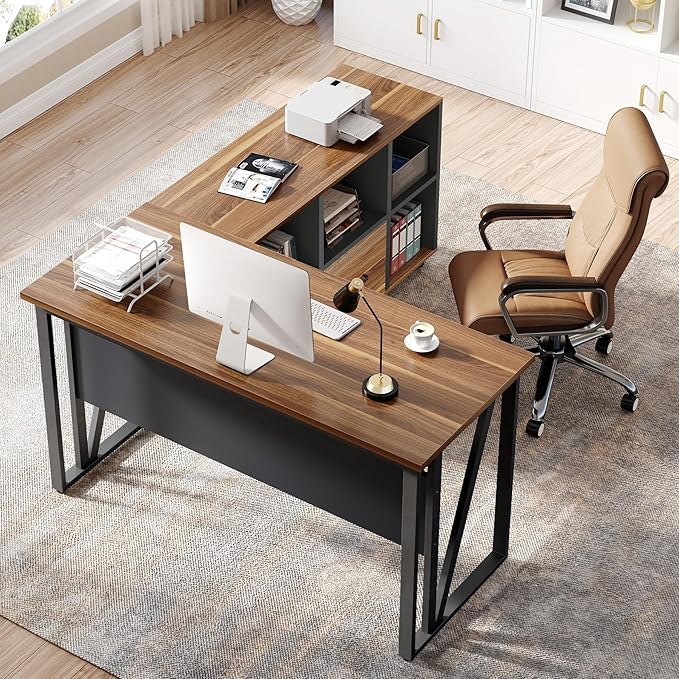 LITTLE TREE 55-Inch L-Shaped Computer Desk Large Corner Desk with Drawers Modern Office Workstation Study Desk Corner Computer Desk for Home Office Bedroom Brown