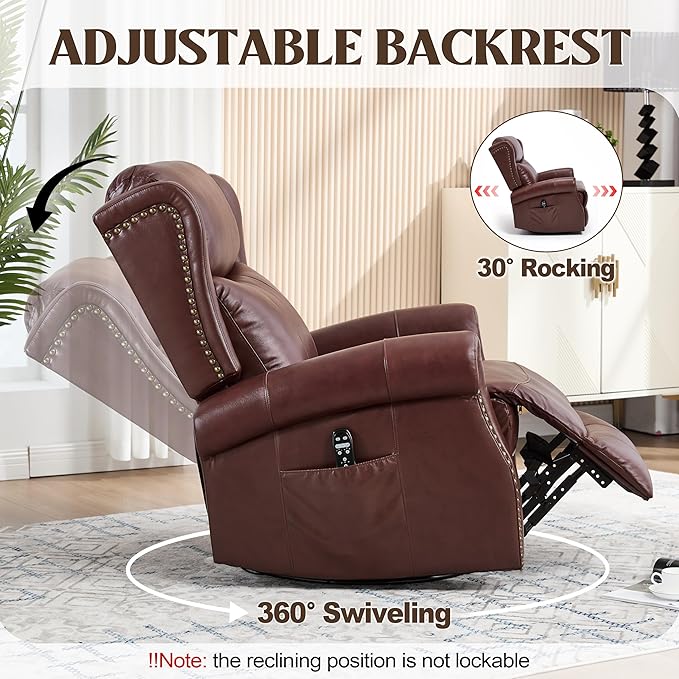 Manual Rocker Swivel Recliner Chair for Adults Vibration Massage Reclining Glider Chair with Lumbar Heat Rivet Design Single Sofa for Living Room Genuine Leather Dark Red