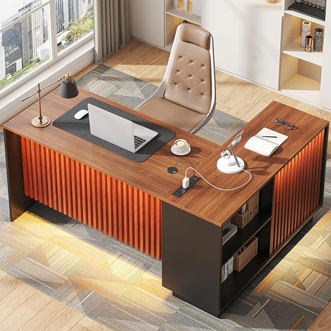 63 L-Shaped Executive Desk Home Office Standing Desk with Storage Drawers File Cabinet and Privacy Panel Modern Corner Desk with Charging Station &amp Led Lights(Walnut+Black)