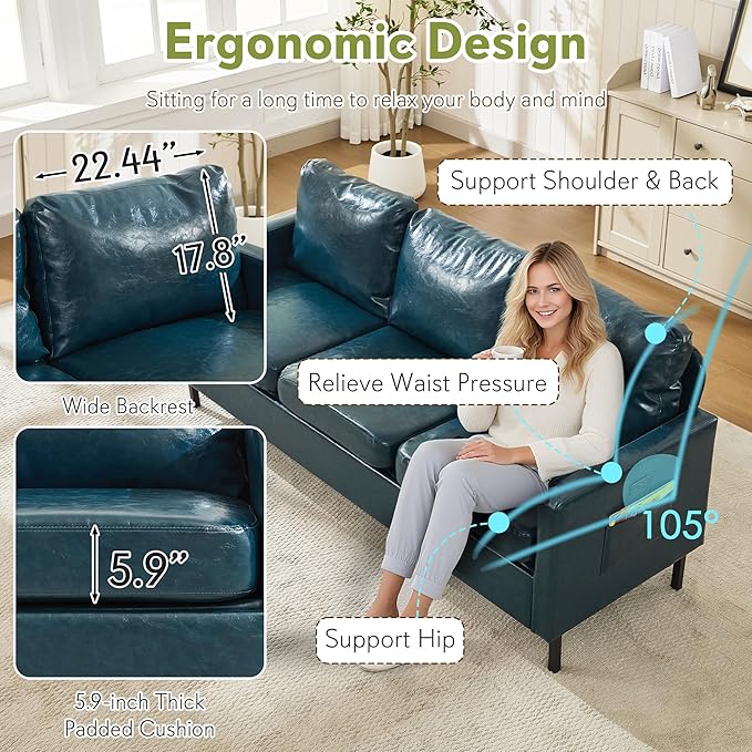 STHOUYN 73 W Faux Leather Couch w/ 2 USB Leather Sofa w/Side Pockets Wooden Frame 3 Seat Couch for Livingroom Office Apartment (Blue 3 Seater)