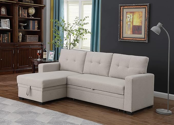 ACQCA 82 L-Shape Sleeper Sectional Sofa with Storage Chaise and Pull-Out BedConvertible Sofa Bed Sectional Couch for Living RoomApartmentOfficeBeige