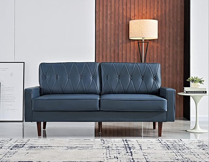 Container Furniture Modern Style Faux Leather Sofa with Elegant Round Tapered Legs and Button Tufted Backrest Perfect for Living Room Bedroom or Home Office 69.3’’ Wide Blue