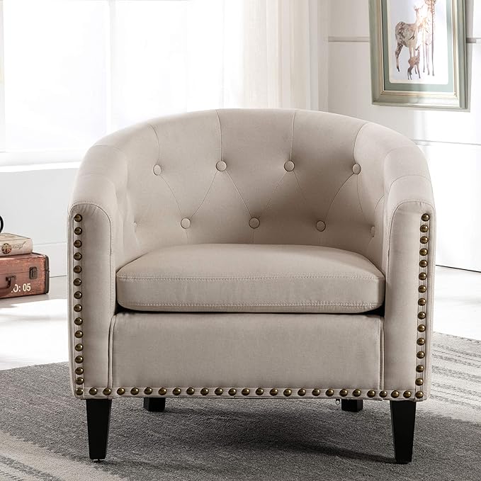 Linen Fabric Tufted Barrel ChairTub Chair for Living Room Bedroom Club Chairs