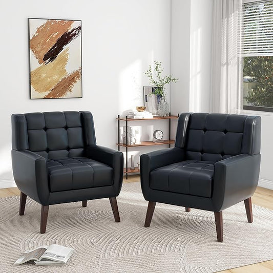 Pia Ricco 2 Pack Mid Century Modern Accent Chairs Button Tufted Faux Leather Armchairs - Easy-Clean Matching Set for Living Room Durable Sofa Chairs for Home Office &amp Lounge Black
