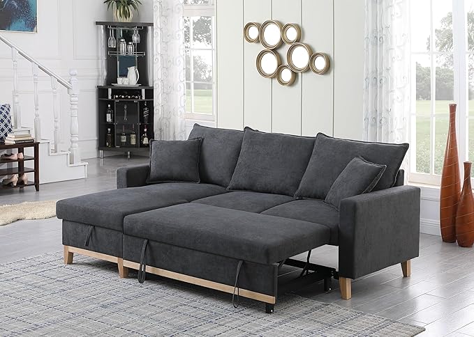 Lilola Home Colton 84.25 W Dark Gray Woven Fabric Reversible Sleeper Sectional Sofa with Pull-Out Bed and Storage Chaise – Modern L-Shaped Couch for Living Room or Apartment