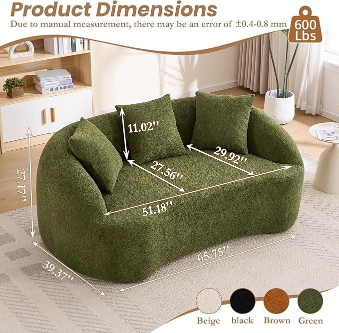 65.75 Curved LoveseatCozy Chenille Small Curved Sofa with 3 BackrestExtra Deep Seat Curved Cloud Floor Couch for BedroomOfficeApartment (Green 65.75 Inch)