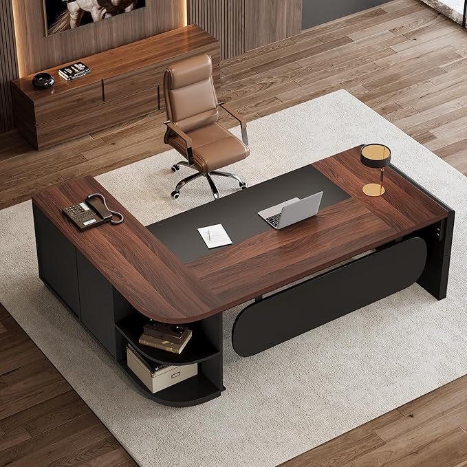 Tribesigns 81'' L-Shaped Executive Desk Large Modern Office Desk with Drawers and File Cabinet for Home or Business Workspace Computer Desk with Storage Shelves Walnut &amp Black