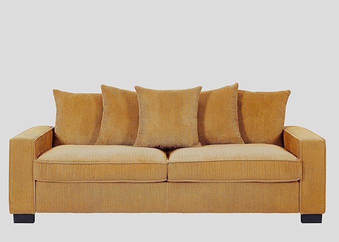 Luxe Corduroy Sofa with 5 Matching Toss Pillows Sleek Design Spacious and Comfortable 3 Seater Couch for Modern Living Room 88 Wide Ginger