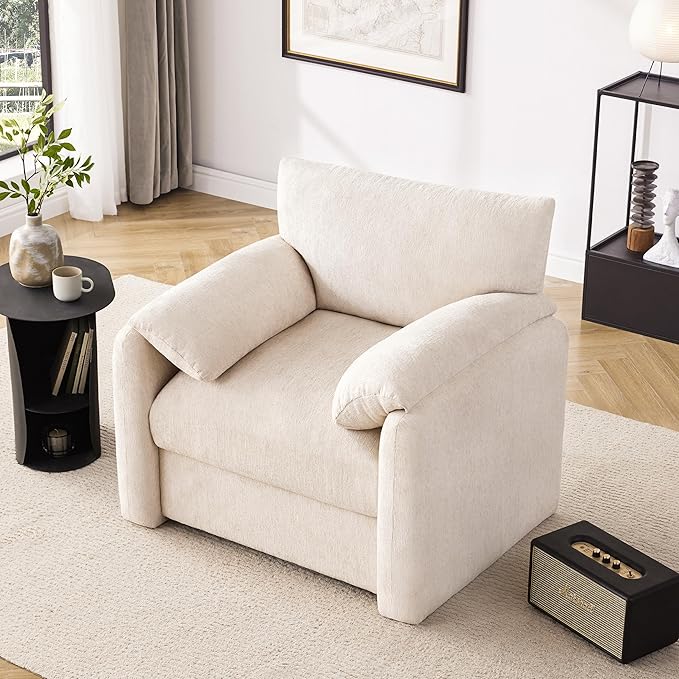 Chenille Oversized Armchair 38.6 Wide Accent Chairs for Living Room &amp Bedroom Modern Lounge Chair Upholstered Mid-Century Reading Chair Comfy Living Room Chair Single Sofa Chair Beige
