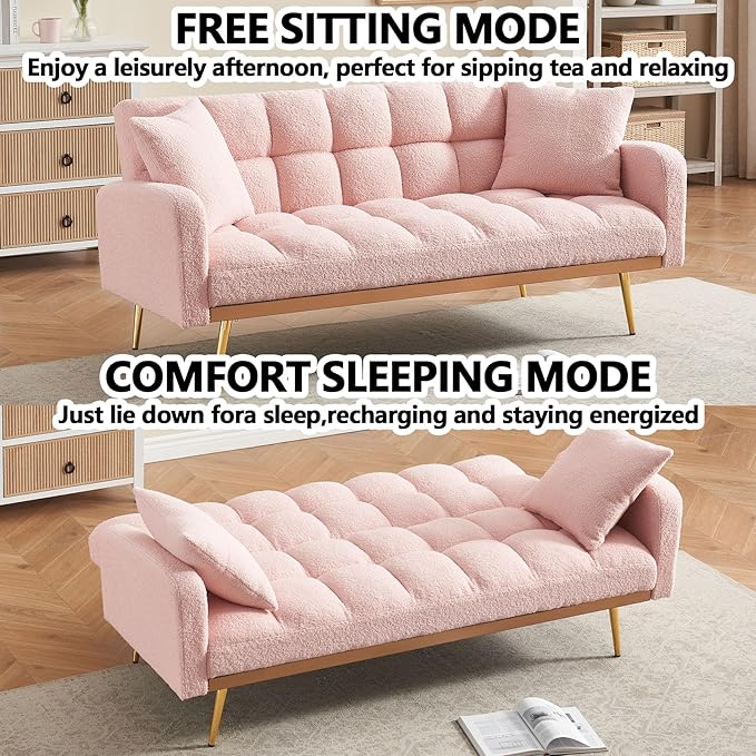 Comfy Futon Sofa Bed with 2 Pillows Pink Futon Couch Bed with Gold Legs Small Convertible Sofa Bed Couch for Living Room Modern Loveseat for Bedroom Curved Arms Plush Tufted-ShapedTeddy (Pink)