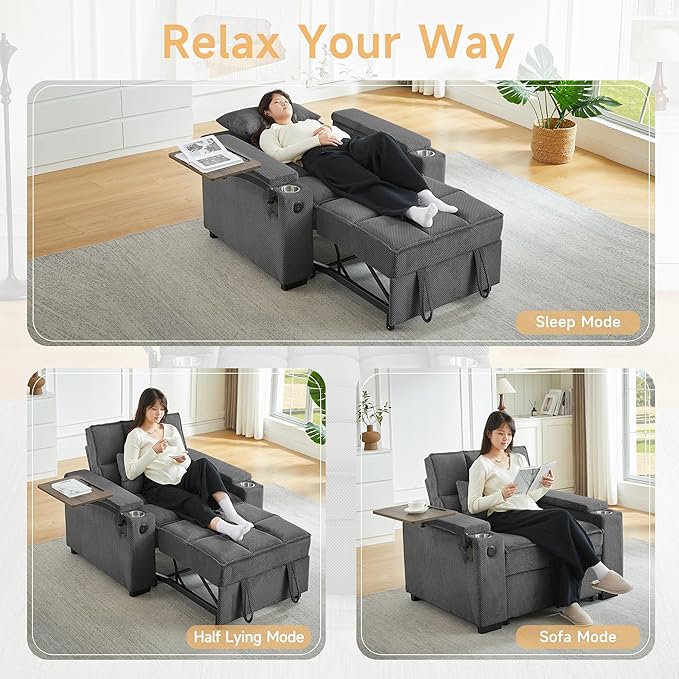 Large Size Convertible Sleeper Chair Futon Sofa Bed Comfortable thick cushion Single Sleeper Sofa Handheld storage and Adjustable Backrest | Reading Chair with Rotating small table (dark gray)