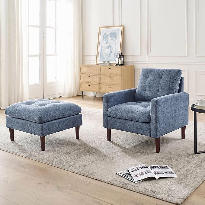 Generic Modern Fabric Single Sofa Chair Living Room Chair Comfortable Armchair with Solid Wood Legs Tufted Chair for Reading or Lounging Blue