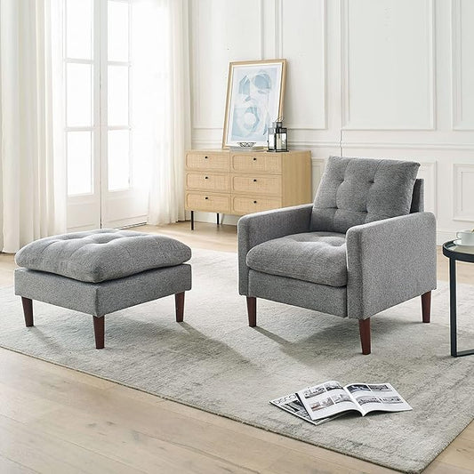 Modern Fabric Single Sofa Chair Living Room Chair Comfortable Armchair withwith Ottoman Foot Rest Tufted Chair for Reading or Lounging