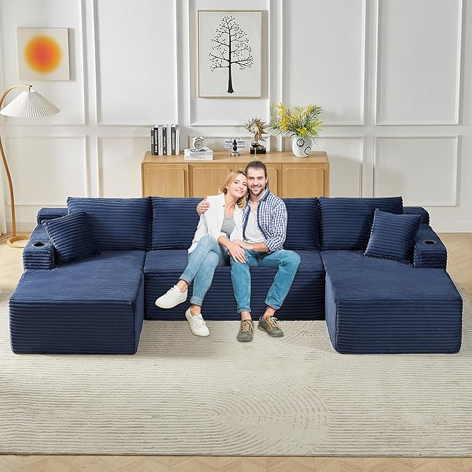 133.5 Modular Sectional Sofa with Movable Chaises Boneless Couches with Cup Holders for Living RoomOversized U Shaped Sectional Couch Modern Cloud Corner Sofa with Storage 6 Seater- Blue