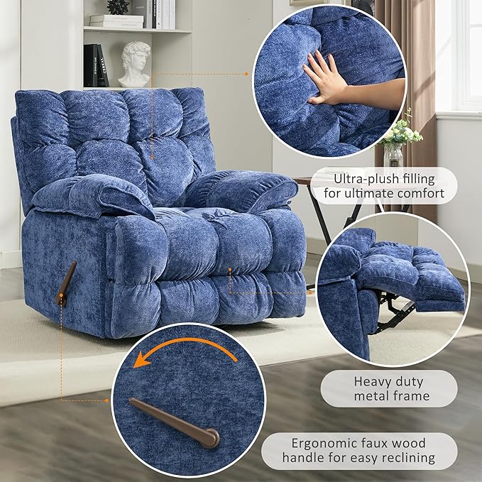 Oversized Rocker Recliner Chair for AdultsOverstuffed 360° Swivel Rocking Recliner Extra Wide Breathable Fabric Manual Reclining Single Sofa for Living Room (Blue)