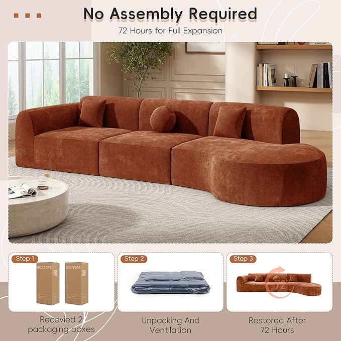 Merax 140 Curved Polyester Sectional Sofa Set 7 Seat Modern Cloud Couch with Chaise Lounge3 Pillows Fully Assembled for Living Room Orange