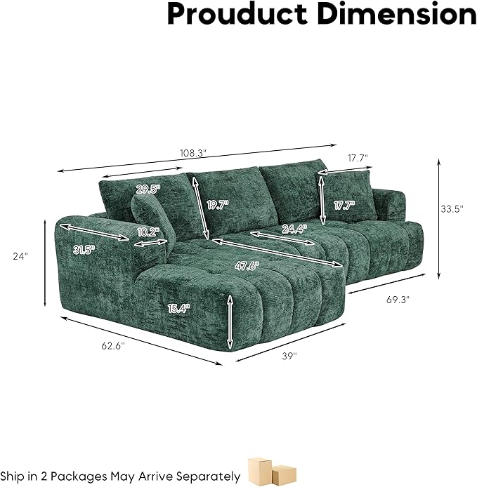 108” Modular L-Shaped Sectional Sofa Couch with Deep Seat Compressed Chenille Boneless Cloud Couch with Tufting for Living Room No Assembly Required (Dark Green Left Facing Chaise)