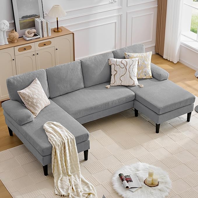 101 U-Shape Sectional Couch for Living Room 4 Seat Sofa with Removable Pillows Modern Chenille Fabric Sets with Double Chaise Lounges for Apartment&ampSmall Space Pewter