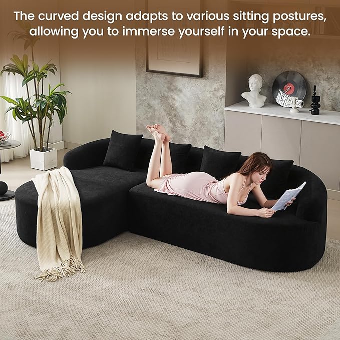 105 Boneless L Shaped Sectional Couch Curved Cloud Deep Seat Sofa with Chaise Lounge Oversized 4 Seater Couches for Living Room No Assembly Chenille Black