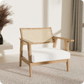 BELLEZE Mid Century Modern Rattan Chair Accent Natural Wood Armchair with Upholstered Seat and Cane Back Boho Retro Lounge Chair for Living Room Bedroom Office
