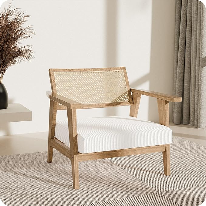 BELLEZE Mid Century Modern Rattan Chair Accent Natural Wood Armchair with Upholstered Seat and Cane Back Boho Retro Lounge Chair for Living Room Bedroom Office