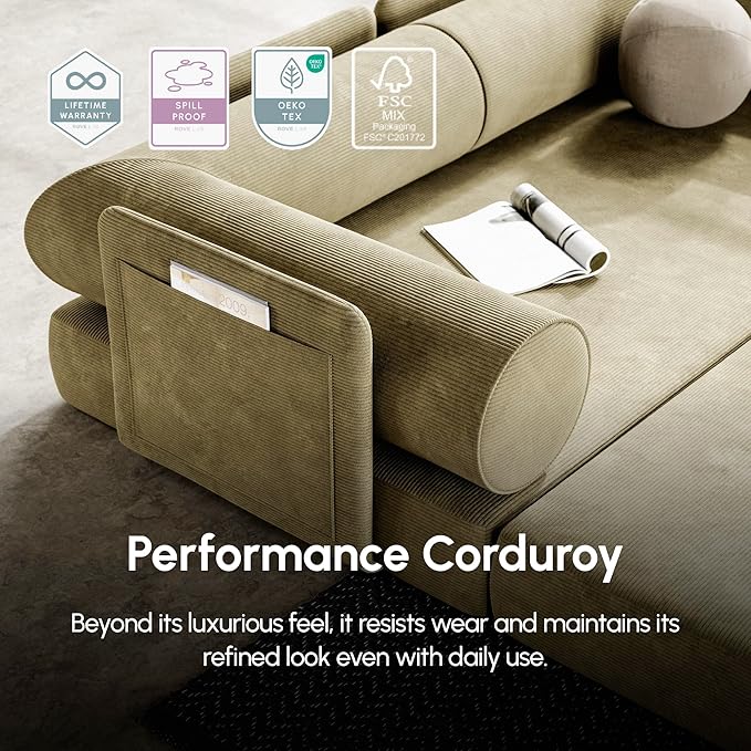 ROVE LAB S8 Sofa Bed – Comfortable Sleeper Sofa for Small Spaces – Spill-Proof Performance Corduroy – SmartFoam™ Support – Modular Tool-Free Setup (Terraform Green)