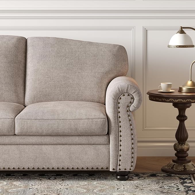 ONBRILL 90 Inch Rolled Arm Sofa for Living Room Deep Seat Nailhead Trim Couch Comfy 3 Seater Chenille Couch w/Wooden Leg Springs Seat Cushion Large Traditional Sofa for Farmhouse Beige