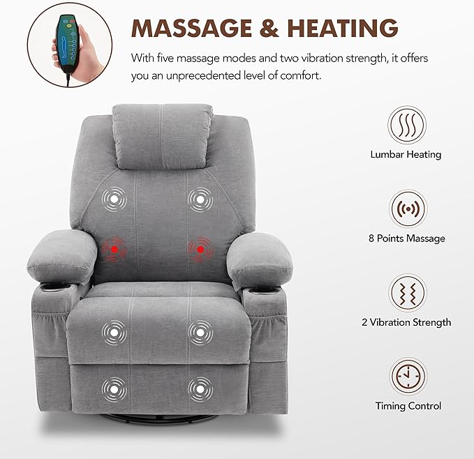 Swivel Rocker Recliner Chair with Heat and Massage Big Oversized Rocking Single Sofa for Living Room 360 Degree Swivel Recliner Chair with Cup Holders and USB Port (Fabric Grey)