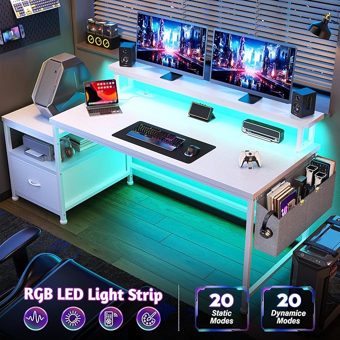 Computer Desk with DrawersOffice Desk with Printer Shelf &amp Monitor StandGaming Desk with Power Outlets &amp LED LightsCorner Table with Side Storage Bag White