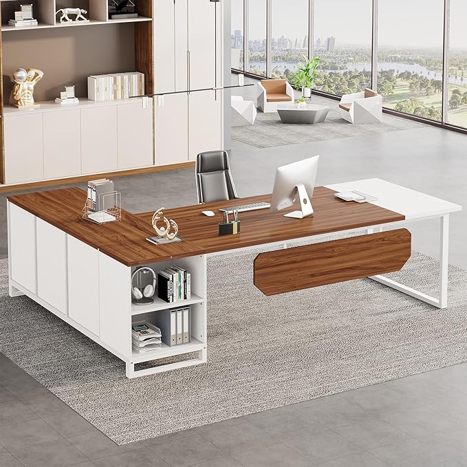 Tribesigns 70.8-Inch Executive Desk with 55-Inch File Cabinet Large L Shaped Computer Desk with Storage Cabinet and Shelves Modern L-Shaped Desk for Home Office Walnut &amp White