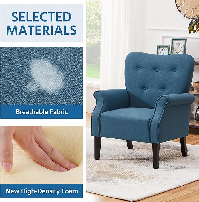 Yaheetech Modern Armchair Mid Century Accent Chair with Sturdy Wood Legs and High Back for Small Space Upholstered Fabric Sofa Club Chair for Living Room/Bedroom/Office Set of 2 Navy Blue