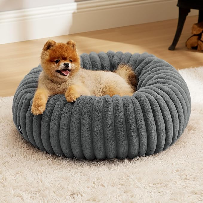 Bedsure ComfyFleece™ Donut Small Dog Bed - Dog Beds for Small Dogs with Corduroy Fleece &amp Anti Slip Bottom Round Faux Fur Pet Beds with Washable Removable Cover Warm Grey 23x23x7 inches