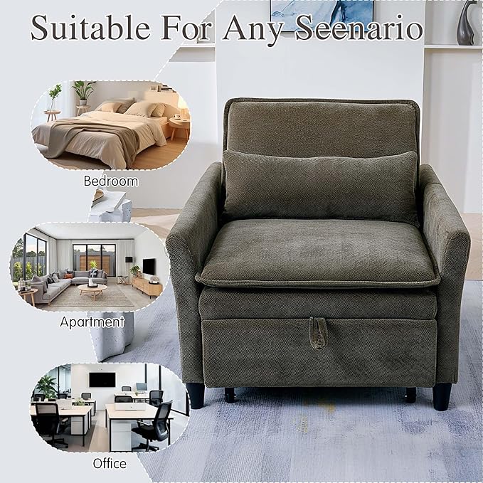 Sleeper Chair Pull Out BedChenille 3 in 1 Convertible Sleeper Couches Single Sofa Chair with Adjustable Backrest for Living Room Bedroom Small Spaces (Olive Green)