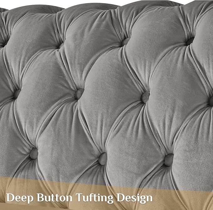 Luxury Velvet Chesterfield Sofa for Living Room 62.2 Comfy Mid Century Modern Victorian Curved Loveseat Couch Deep Seat Couches Tufted Sofas with Gold Legs for Apartment Grey