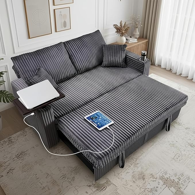 65'' Convertible Sofa Bed3-in-1 Pull Out Couch with USB Charging Port &amp Swivel Side TableCorduroy Fabric Loveseat Sleeper Couches with Adjustable Backrest for Living RoomEasy AssemblyGrey