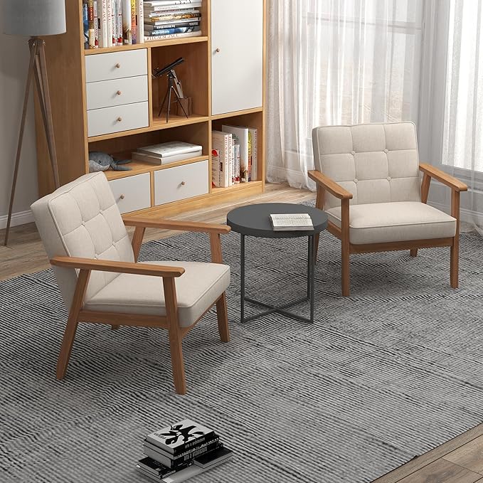 KCC Mid-Century Modern Linen Fabric Accent Chair Set of 2 Upholstered Tufted Leisure Chair Comfy Reading Side Chair with Armrest and Solid Wood Frame for Living Room Bedroom Balcony(Beige)