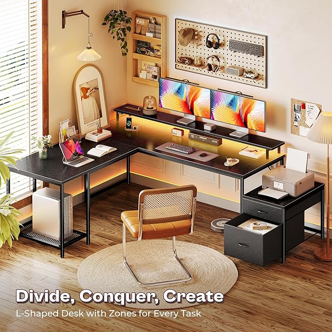 PRAISUN 66 L Shaped Gaming Desk with LED Lights &amp Power Outlets Computer Desk with Fabric Drawers and Print Stand Corner Office Desk Monitor Stand Mesh CPU Stand Black