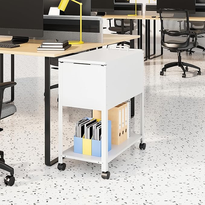 Mobile File Cart 2-Tier Rolling File Cart with Wheels Hanging Files Metal File Cabinet with Lock and Sliding Covers for A4/Letter/Legal Size White
