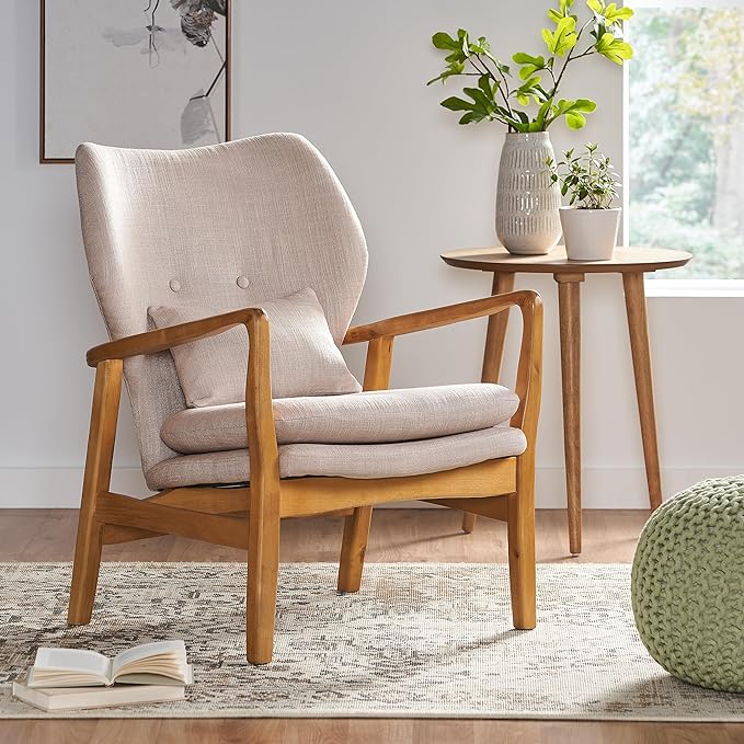 Mid-Century Accent Chairs Modern Upholstered Living Room Chair Cozy Armchair Button Tufted Back and Wood Legs for Bedroom/Office/Cafe/Living Room (Beige)