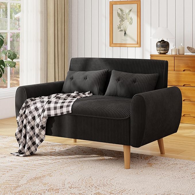 JAMFLY 47'' Small Loveseat Sofa 2 Seat Compact Couch with Tapered Legs Black Upholstered Furniture Solid Wood Frame Comfy Foam Cushion Easy Assembly for Small Spaces