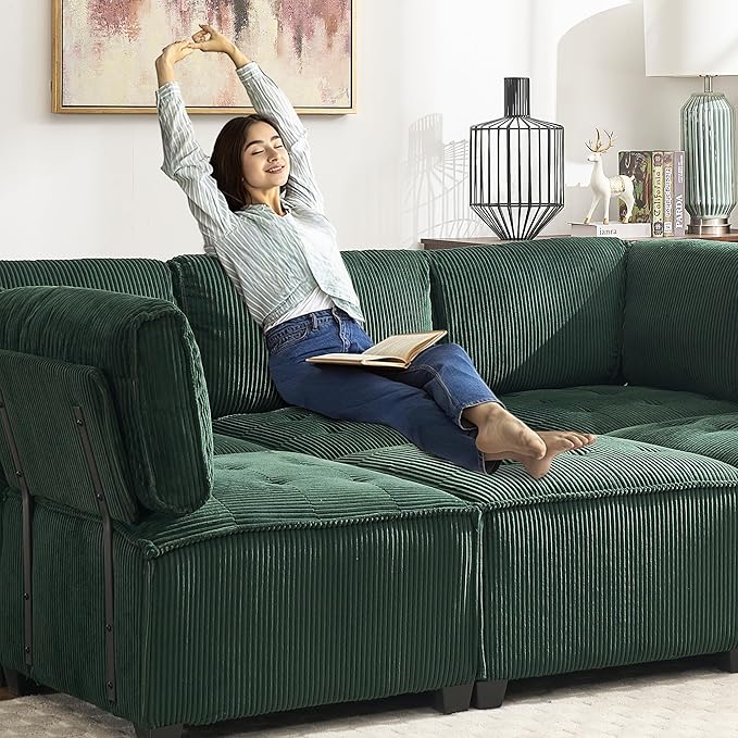 121 Inch Cloud Oversized Modular Sectional Sofa U Shaped Modular Couch with Reversible Chaise Comfy 6 Seat Convertible Sectional Sofa with Ottoman for Living Room-Emerald Green